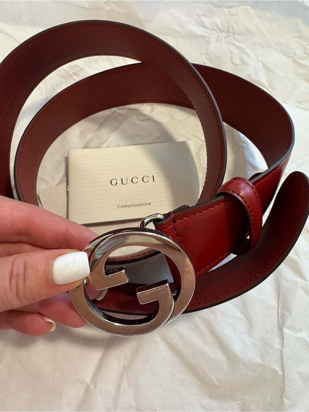 Gucci Red Leather Belt with Silver Double G Buckle